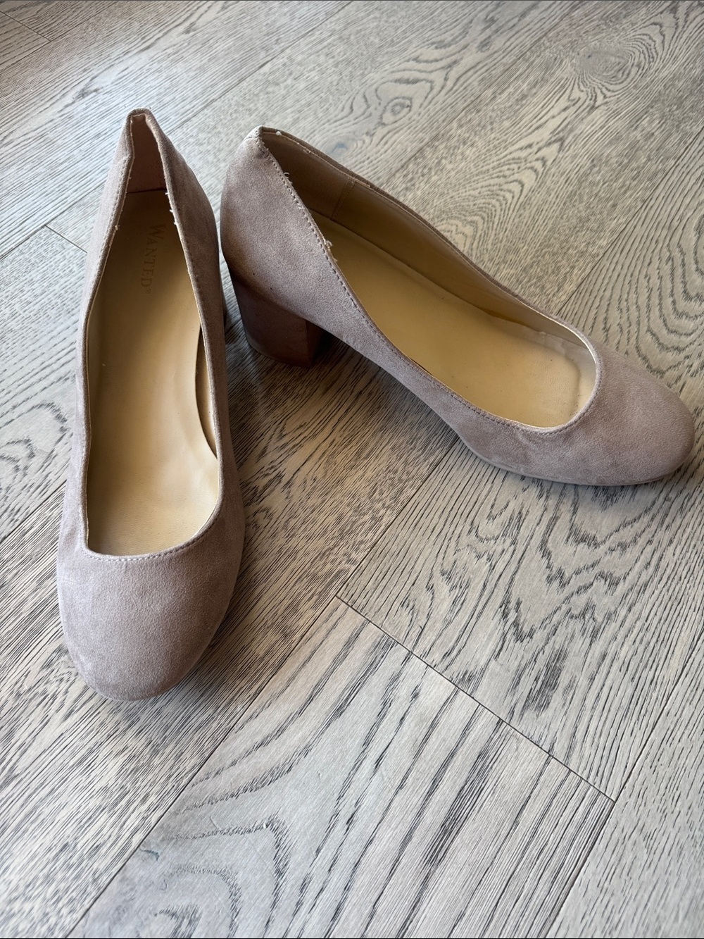Classic Round-Toe Low Block Heel Pumps in Taupe